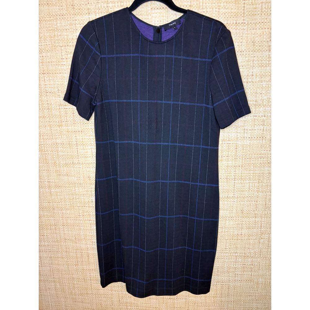 Theory Rijik SS Winthrop Navy Blue Windowpane Plaid Shift Dress Size 8